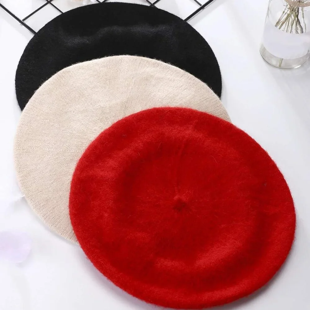 3 Pieces Wool Beret Hat French Style Wool Beanie Cap Solid Color Winter Hat for